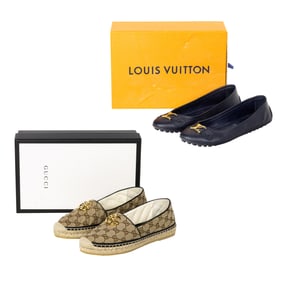 Two pairs of Gucci and Louis Vuitton women's shoes in boxes