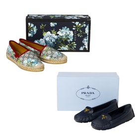Two pairs of Gucci and Prada women's shoes with original boxes