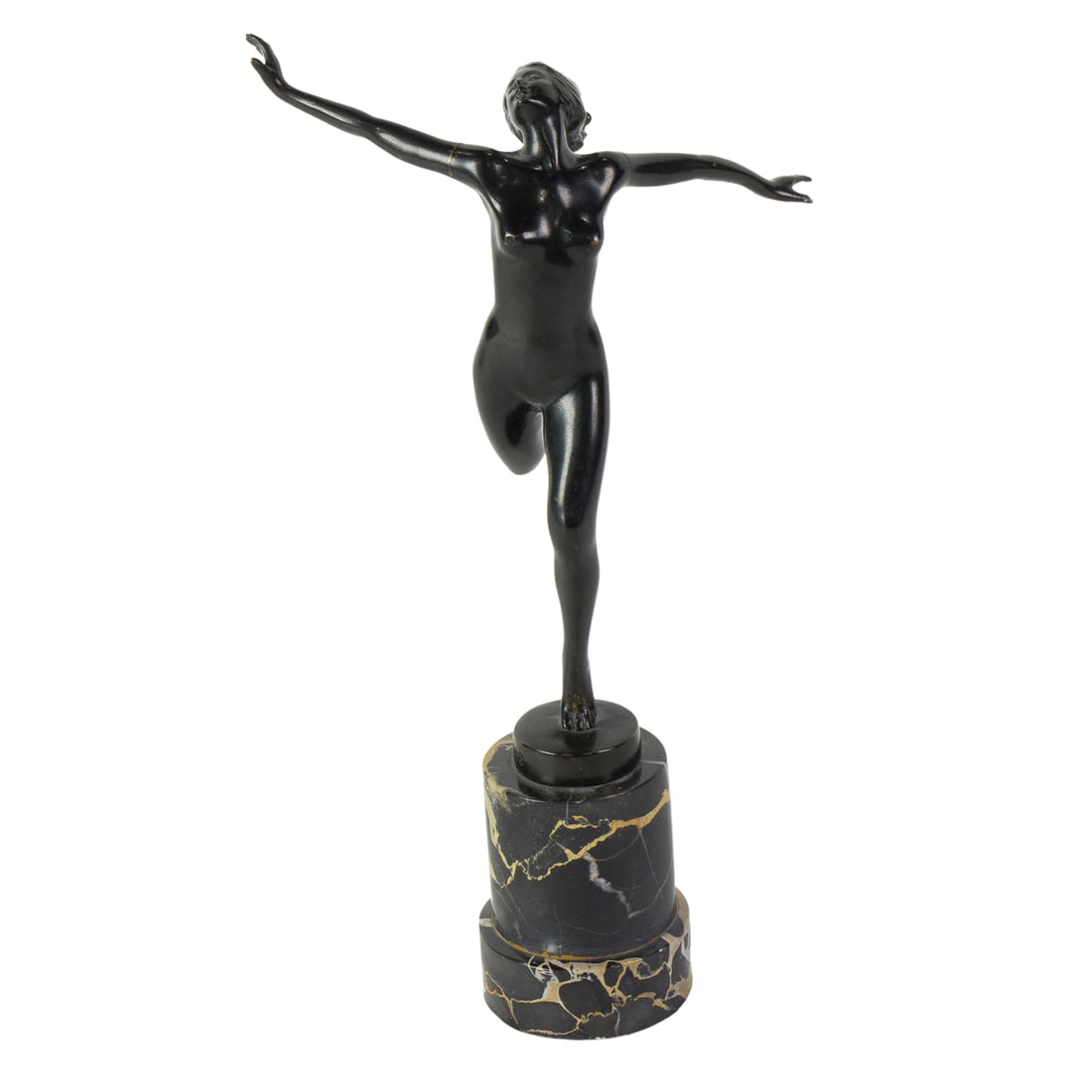 An Art Deco patinated bronze figure of a nude, Josef Lorenzl: An Art Deco patinated bronze figure of a nude, Josef Lorenzl (Austrian 1892-1950), marked '20, Lorenzl, 5448, raised on a Portoro marble plinth, overall 9"h. Provenance: Estate of Lila Mae Schneider A