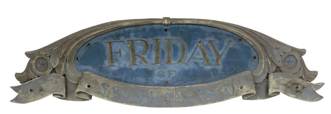 An antique carved and painted wood clipper ship stern board, 19th century: An antique carved and painted wood clipper ship stern board, 19th century, "Friday of San Francisco", overall 19"h x 61"w