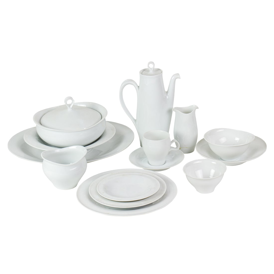 A Russel Wright for Yamoto China Co porcelain dinner service in the 'Theme Formal' pattern: A Russel Wright for Yamoto China Co porcelain dinner service in the 'Theme Formal' pattern, designed circa 1963, comprising (8) dinner plates, 10.25"dia; (8) plates, 8"dia; (10) plates, 6.5"dia; (8) b