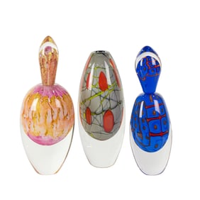 Three Dick Huss Studio art glass bottles