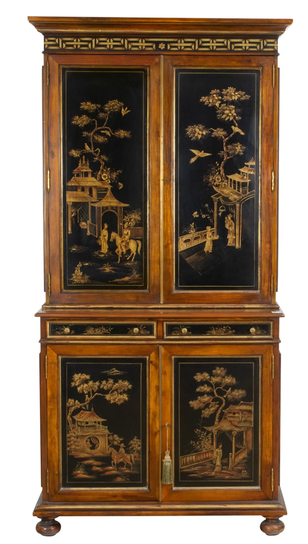 A Chinoiserie paint decorated walnut cabinet: A Chinoiserie paint decorated walnut cabinet, early 20th century, the two-door superstructure on case with two short drawers over two doors, 88.5"h x 42"l x 18"d