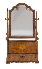 A Queen Anne inlaid burl walnut dressing mirror on stand