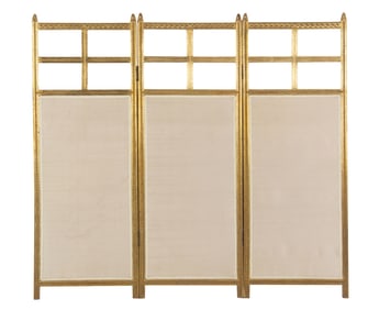A Neoclassical style giltwood, glass and silk upholstered three-fold screen
