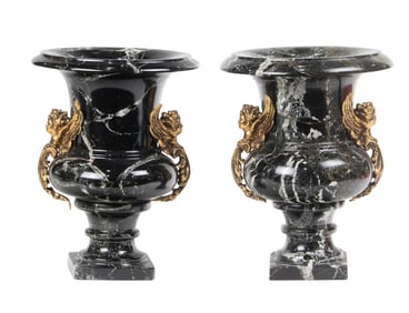 A pair of Neoclassical style gilt bronze variegated marble campana form urns