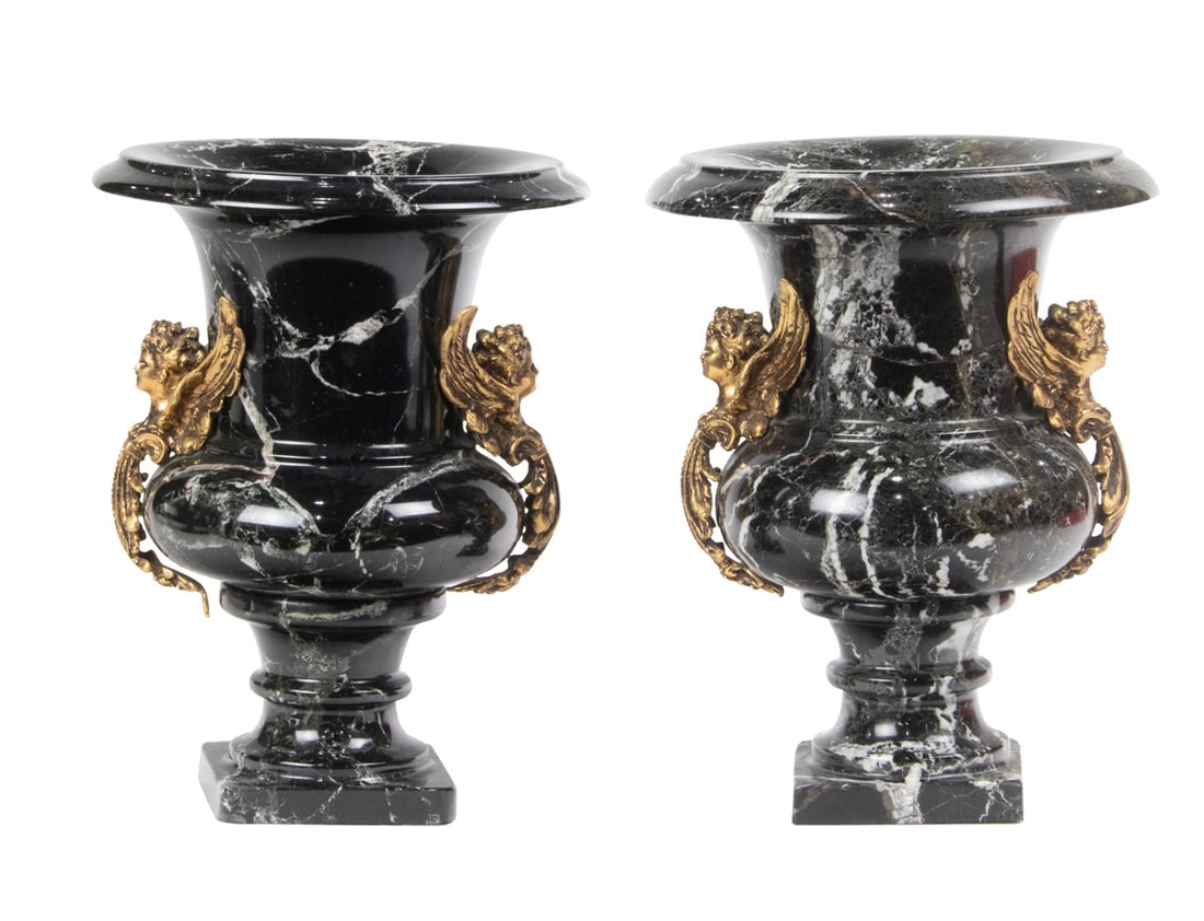 A pair of Neoclassical style gilt bronze variegated marble campana form urns: A pair of Neoclassical style gilt bronze mounted variegated marble campana form urns, 20th century, each mounted with winged female terms, 11.5"h x 9"dia