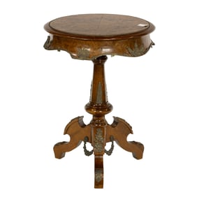 An Empire style patinated metal burlwood side table