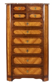 A French Louis XVI marquetry decorated corner semainier, circa 1890