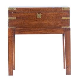 An English mahogany brass bound lap desk on later stand