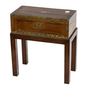 An English brass inlaid box on later stand