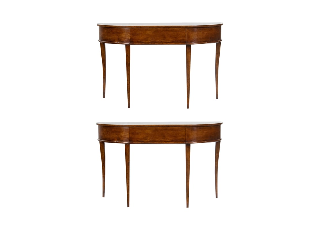 A pair of Holland MacRae for Lee Jofa 'Dalmore' console tables: A pair of Holland MacRae for Lee Jofa 'Dalmore' console tables, each of demilune outline with single drawer rising on tapered square feet, 33.5"h x 55"l x 20"d