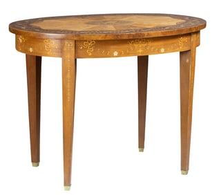 A French marquetry decorated oval occasional table