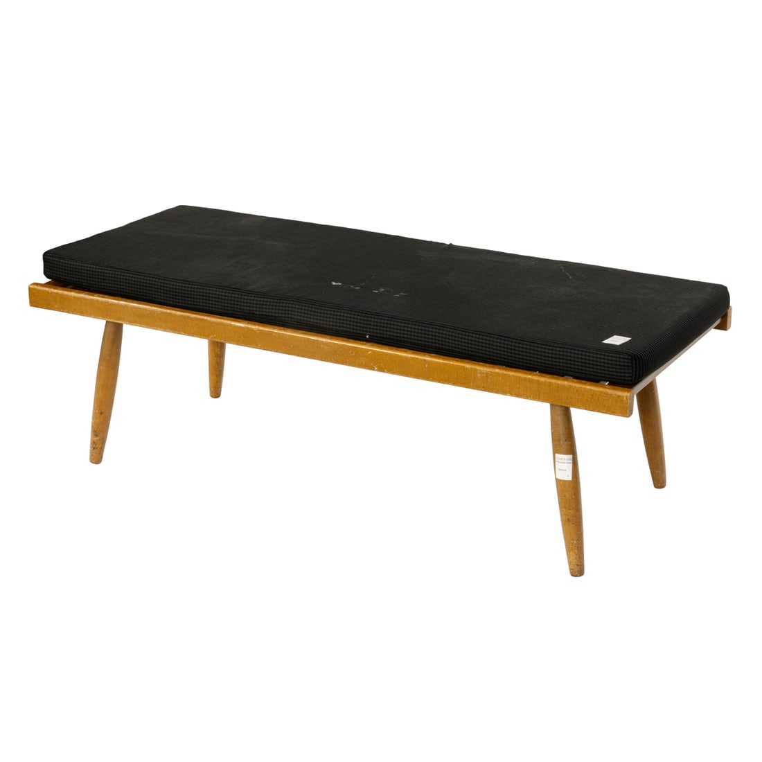 A Mid-Century Modern bench: A Mid-Century Modern bench, AFM Japan, featuring slatted top and loose seat cushion, foil factory label, 14.75"h x 50"l x 20"d