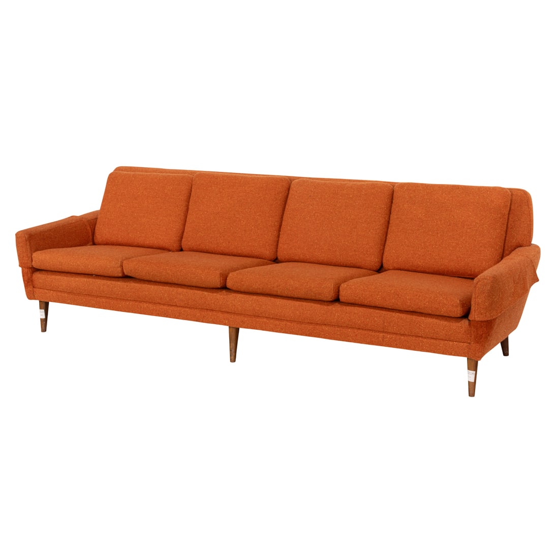 A Mid century modern four seat sofa, in the Milo Baughman style: A Mid-Century Modern four seat sofa in the Milo Baughman style, the steel frame finished in orange tweed upholstery, tag custom made by Gallardo Interiors, Berkeley, 28.5"h x 81"w x 31"d