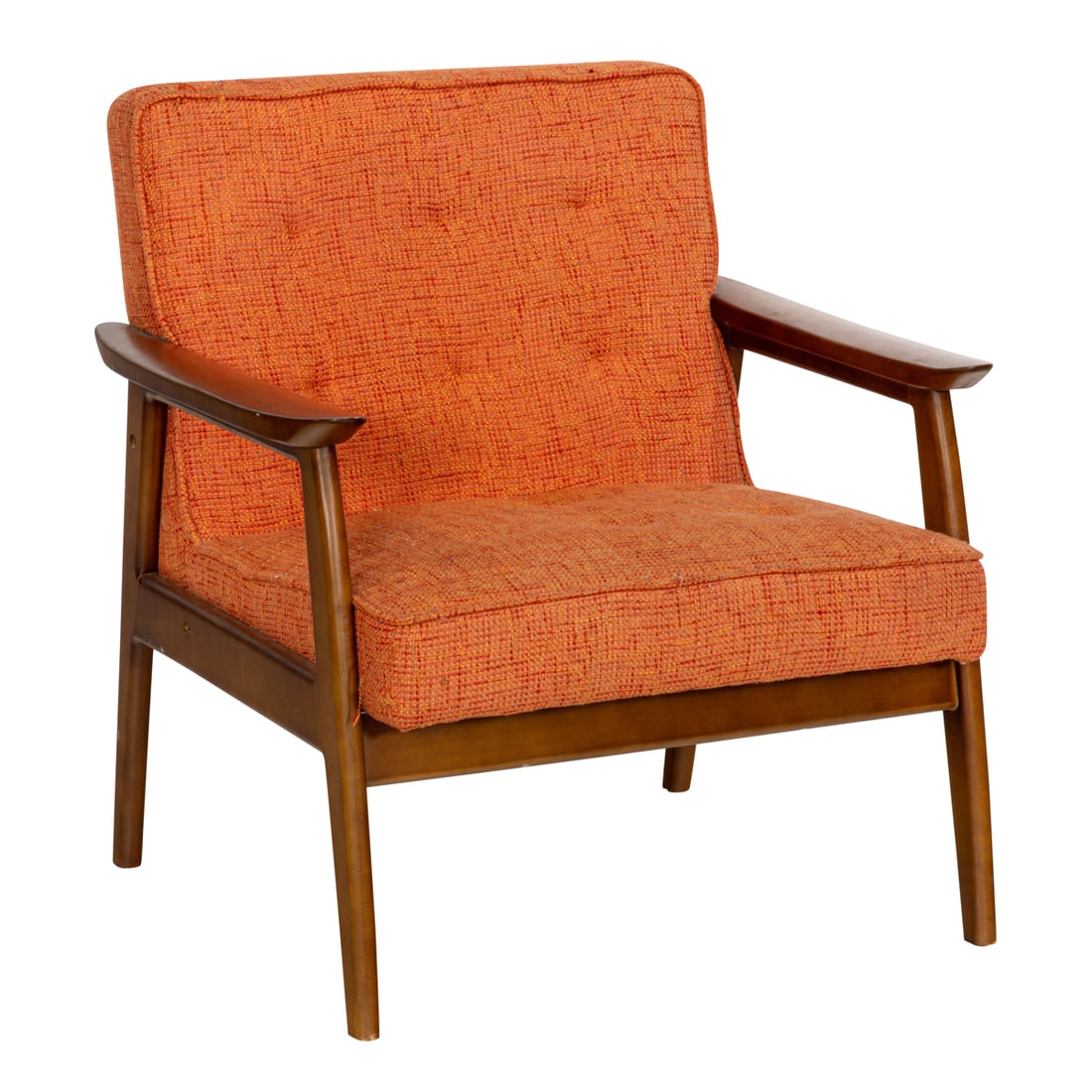 A Mid Century Modern lounge chair: A Mid-Century Modern lounge chair upholstered in tufted orange tweed fabric, surfboard arms, 32"h x 30.5"w x 25"d