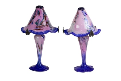 A pair of French mottled glass table lamps
