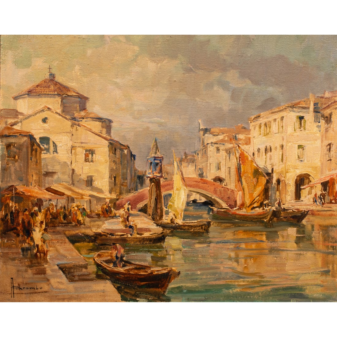 Painting, Angelo Brombo: Angelo Brombo (Italian, 1893-1962), Venetian Scene, oil on canvas, signed lower left, canvas: 18"h x 22"w, overall (with frame): 22.5"h x 26.5"w