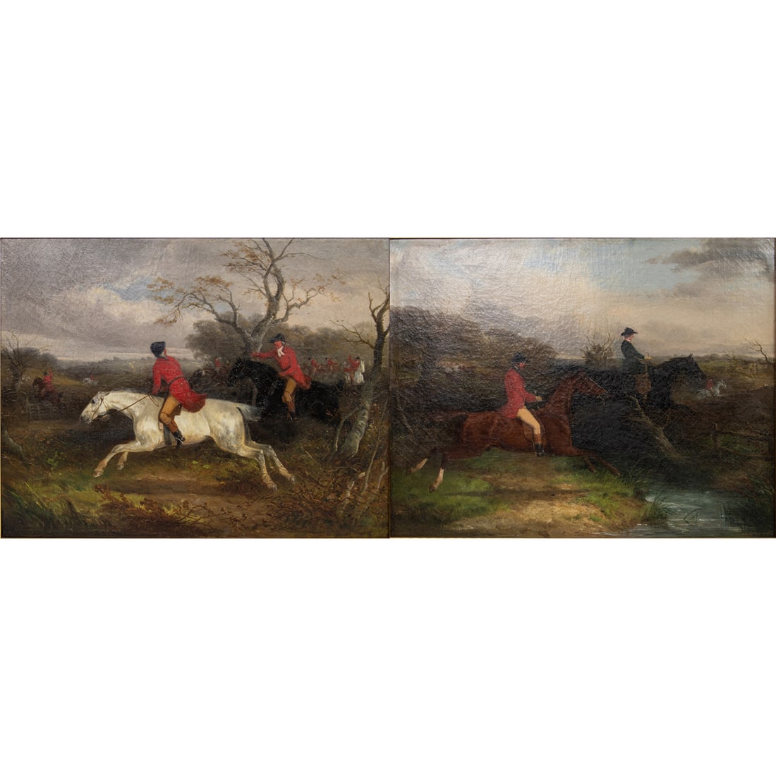 Paintings, British School (19th century): (lot of 2) British School (19th century), Fox Hunting, oils on canvas, each unsigned, canvas (for each): 14"h x 18"w, overall (with frame, for each): 16.5"h x 20.5"w