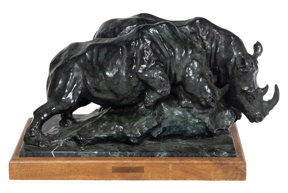 Sculpture, Sherry Salari Sander: Sherry Salari Sander (American, b. 1941), "Rhino at Chiziara," 1983, bronze sculpture with verdigris patina on wood base, signed and dated towards base, edition 24/25, overall (with base): 11.5"h x 18