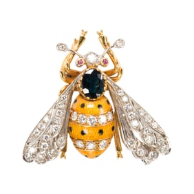 A diamond, gem-set, enamel and 18k bi-color gold bee brooch
