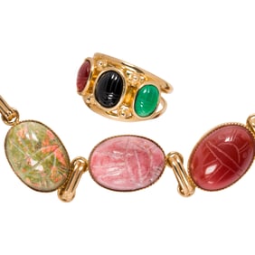 A stone-set and 14k gold scarab bracelet and ring