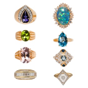 A group of eight stone-set and 14k gold rings