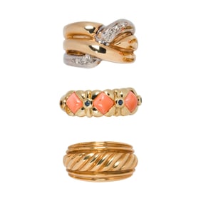 Three 14k gold and gem-set rings