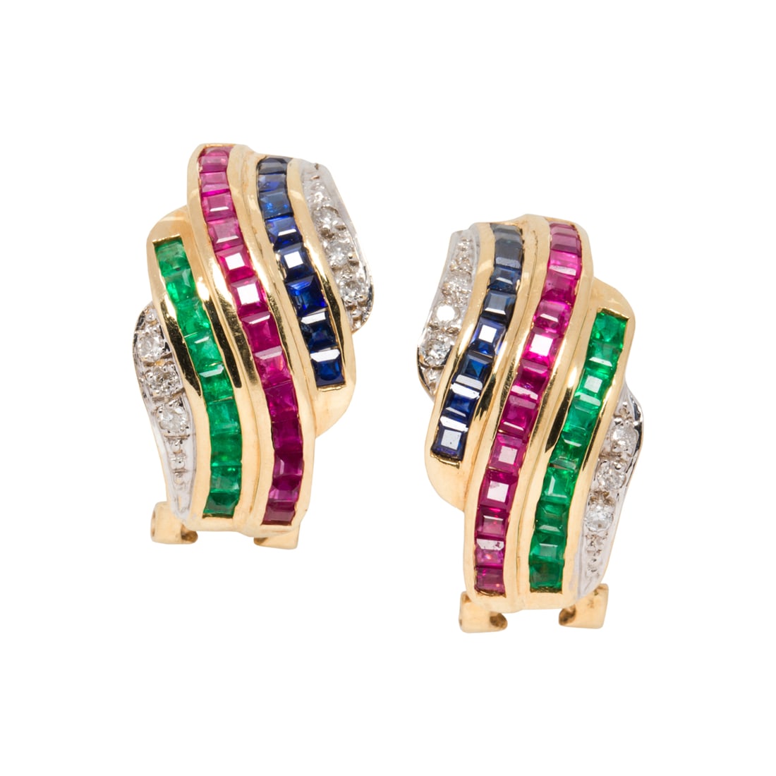 A pair of gem-set and 14k gold earrings: A pair of gem-set and 14k gold earrings channel-set with square-cut emeralds, rubies and sapphires, accented by 12 round brilliant-cut diamonds; 7.55 grams; length: 3/4 in