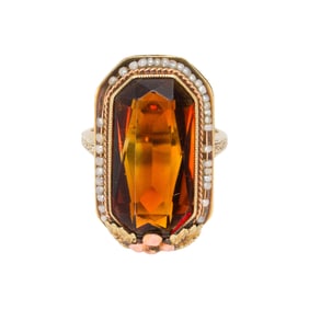 An antique citrine , seed pearl and 14k bi-color gold ring
