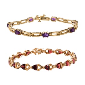 Two semi-precious and 14k gold bracelets