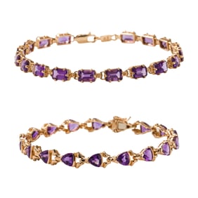 Two amethyst and 14k gold bracelets