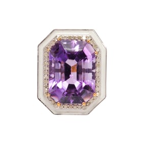 An amethyst, diamond, enamel, silver and 14k gold ring