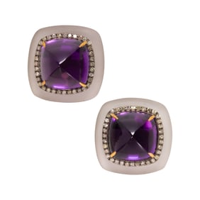 A pair of amethyst, diamond, rock crystal, silver and 14k gold earrings