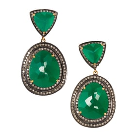 A pair of green onyx, diamond and silver-topped 14k gold earrings