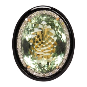 A prasiolite, diamond, onyx, silver and 14k gold ring