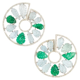 A pair of aquamarine, emerald, diamond and silver earrings