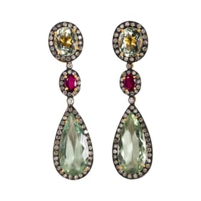 A pair of gem-set, blackened, gilt silver and 14k gold earrings