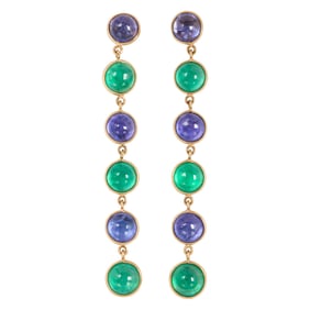 A pair of emerald, tanzanite and 18k gold earrings