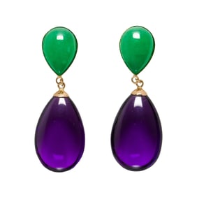 A pair of amethyst, jade and 14k gold earrings