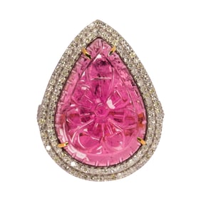 A rubellite, diamond, silver and 14k gold ring