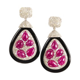 A pair of ruby, diamond, onyx, silver and 14k gold earrings