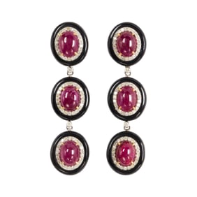 A pair of ruby, diamond, onyx, silver and 14k gold earrings