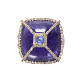 A tanzanite, moonstone, diamond, gold and silver ring