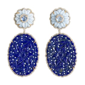 A pair of lapis, diamond, hardstone and silver earrings
