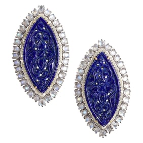 A pair of lapis, moonstone, diamond, silver and 14k gold earrings