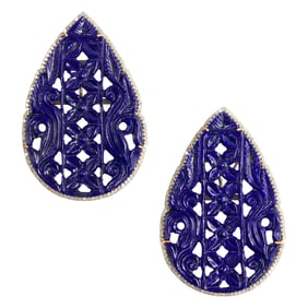 A pair of lapis, diamond and silver ear clips