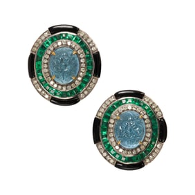 A pair of aquamarine, emerald, diamond, onyx and silver earrings