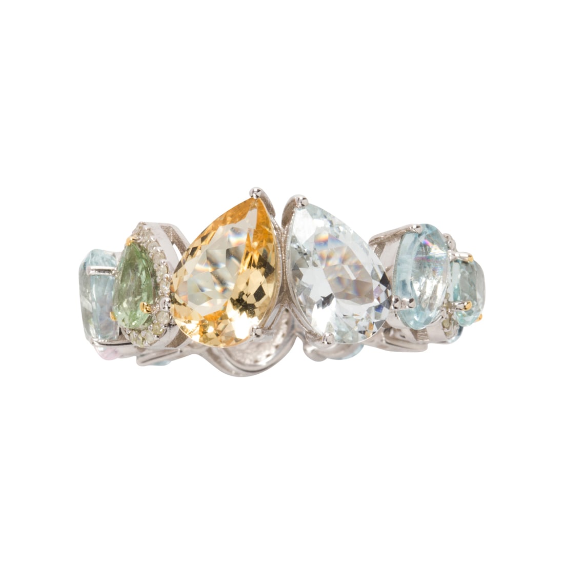 An aquamarine, diamond, multi-color beryl and silver ring: An aquamarine, diamond, multi-color beryl and silver ring of concentric design featuring aquamarine or beryl of various hues, cuts and sizes; estimated total aquamarine weight: 9.70 carats, accented b