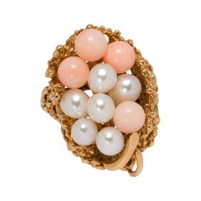 A cultured pearl, coral and 14k gold ring